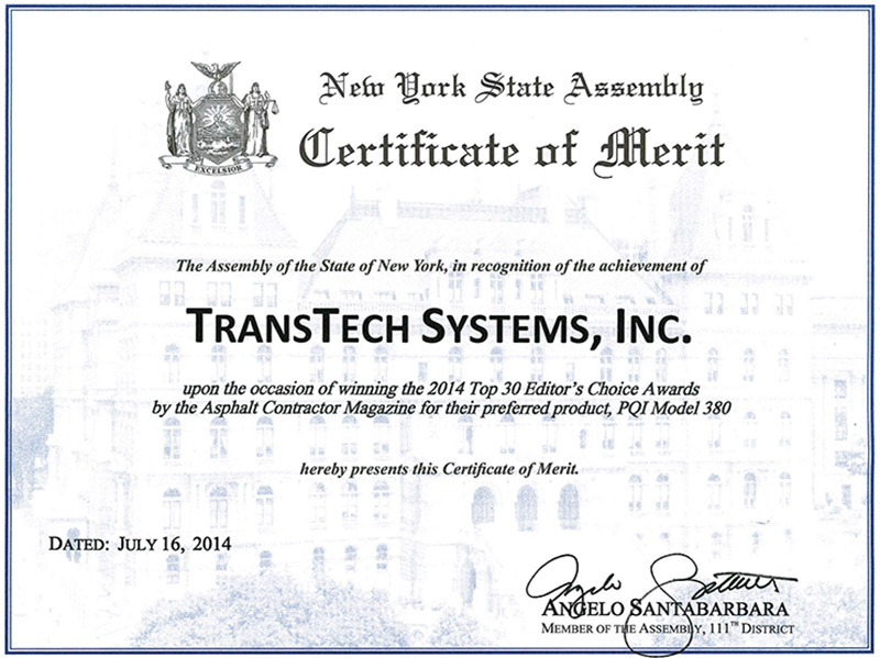 TransTech Systems certificate of merit from the assembly of NYS